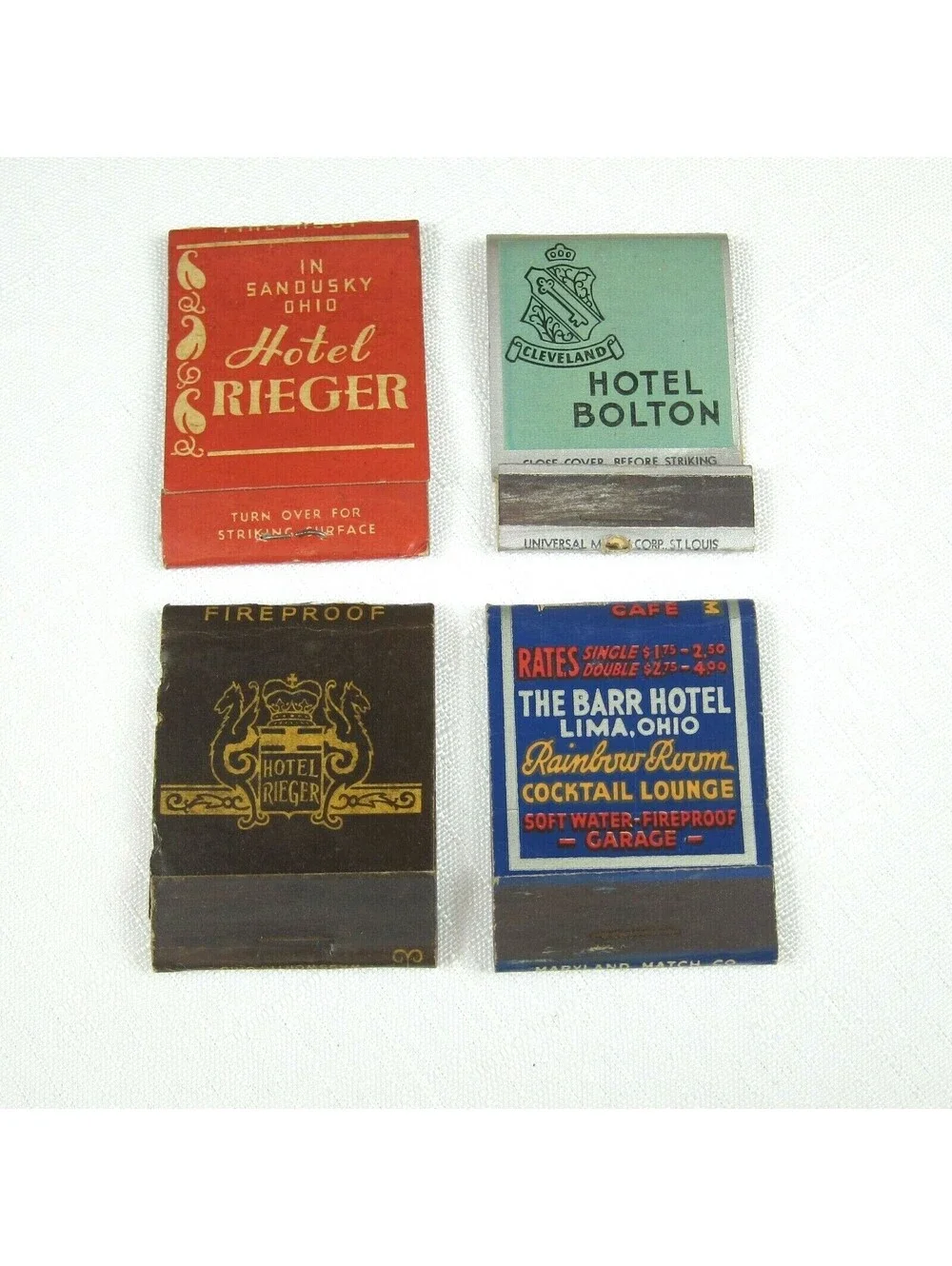 4 Vintage Matchbook Covers Hotel Rieger, Hotel Bolton, & The Barr Hotel in Ohio